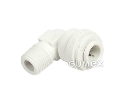 L-úhlová spojka 90° JOHN GUEST, pro trubku 1/4", vnější závit NPTF 1/8", 10bar, o-kroužek EPDM, PP, +20°C, bílá